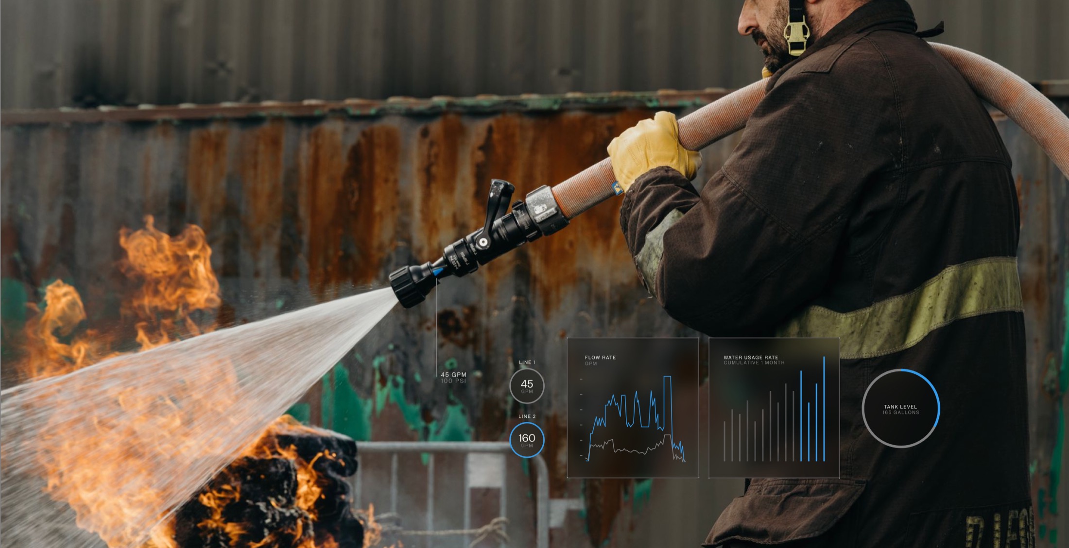HEN connected nozzle in action — live flow-rate and water-usage telemetry on the fireground